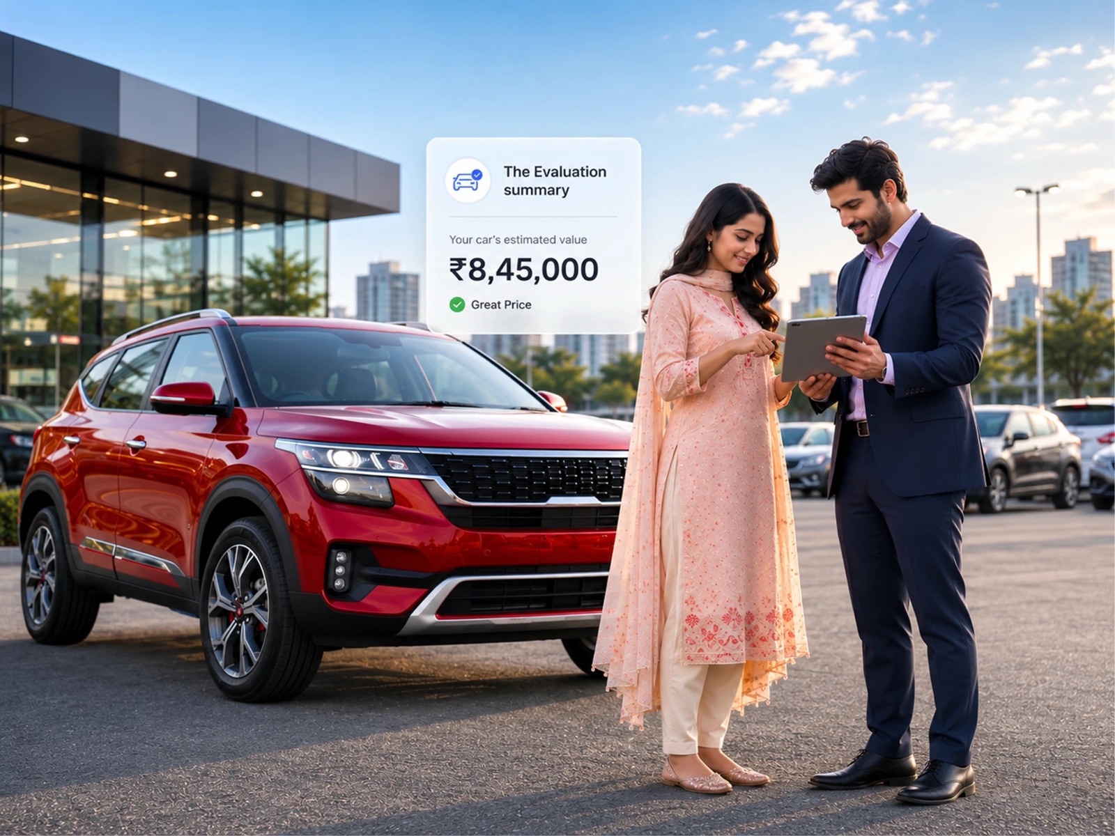 An Indian couple review a car valuation summary on a tablet outside a dealership, beside a red SUV